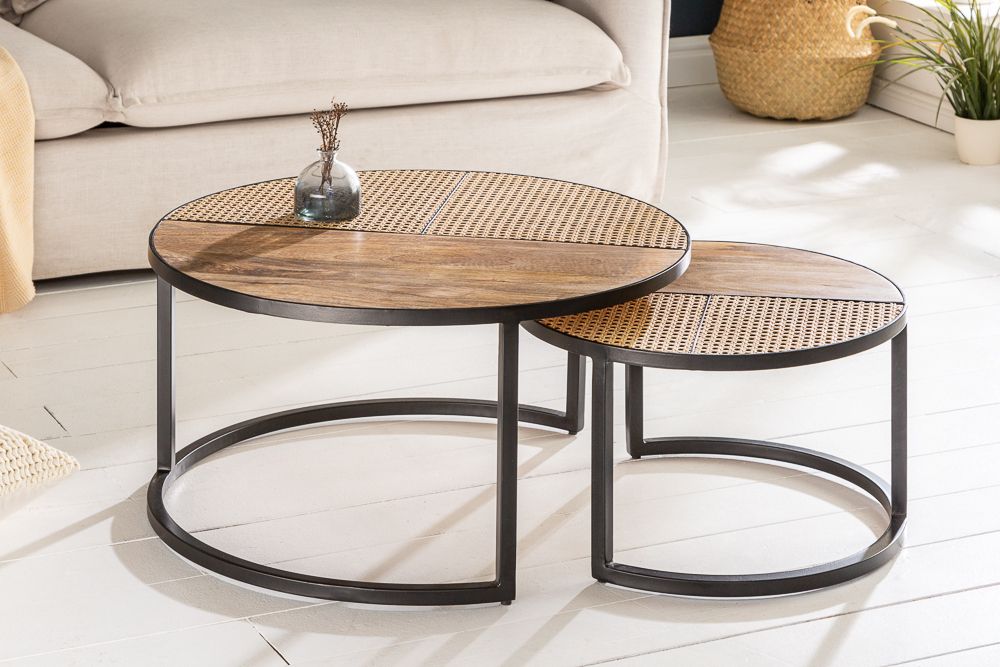 2er Set Couchtisch VIENNA LOUNGE 70cm rund Mangoholz massiv Wiener Geflecht Metall schwarz
