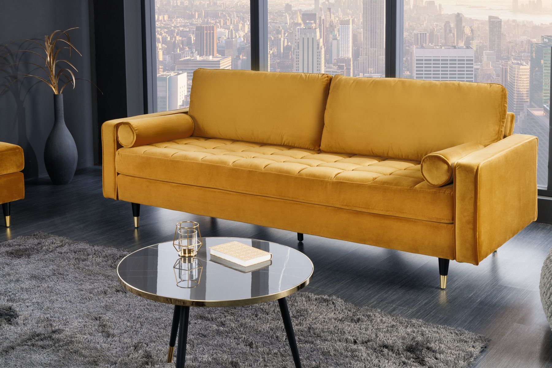 Design 3-Sitzer Sofa COZY VELVET 220cm senfgelb Samt Federkern