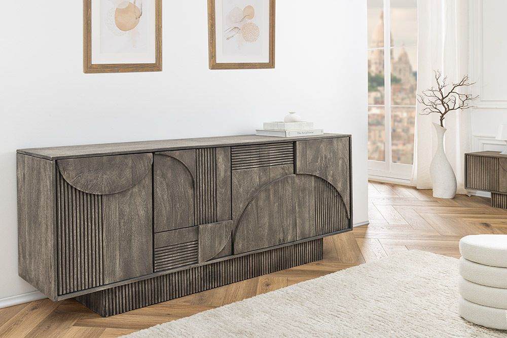 Design Sideboard ART DECO 170cm grau smoked Mangoholz massiv 3D-Front