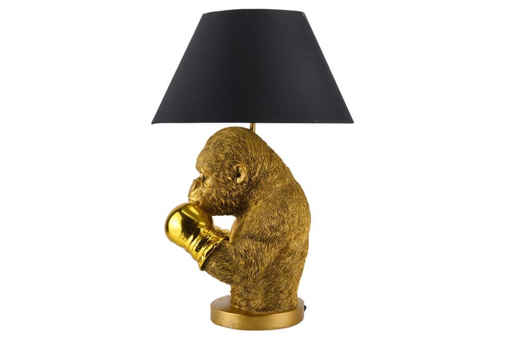 Handgefertigte Tischlampe KING APE 55cm schwarz gold Stoffschirm Affen-Skulptur