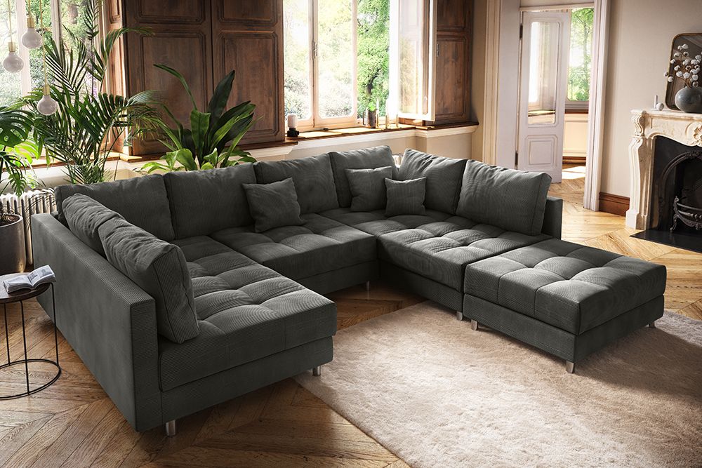 Moderne XXL Wohnlandschaft KENT 305cm anthrazit Cord Bigsofa inkl. Hocker Federkern