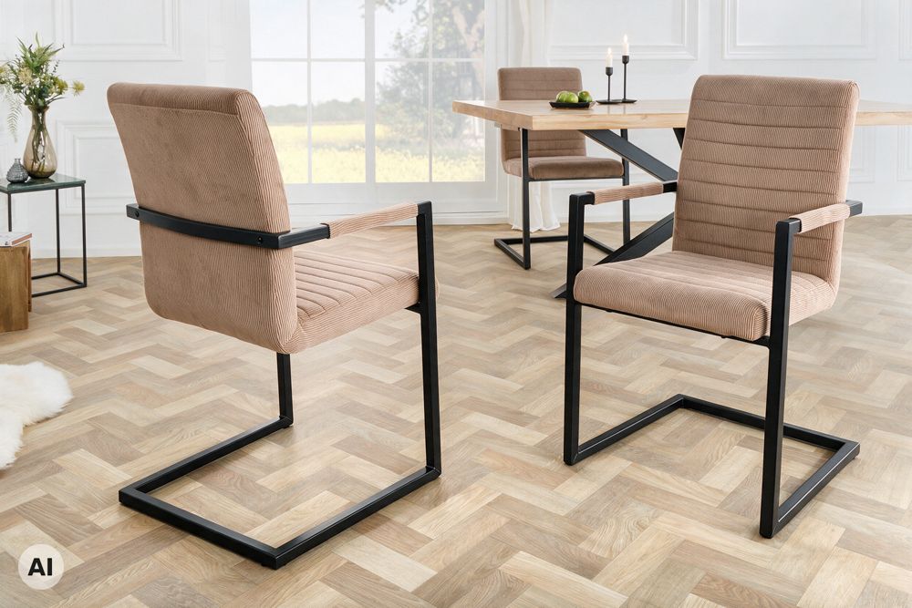 Industrial Freischwinger LOFT taupe Cord schwarz Eisen mit Armlehne