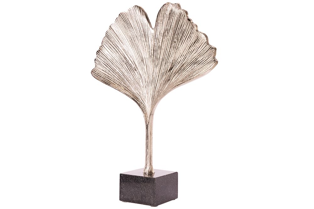 Dekorative Skulptur GINKGO LEAF 45cm silber handmade Metall mit Marmorsockel