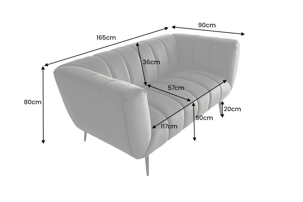 Design 2-Sitzer Sofa NOBLESSE 165cm grau Samt schwarze Metallfüße Federkern