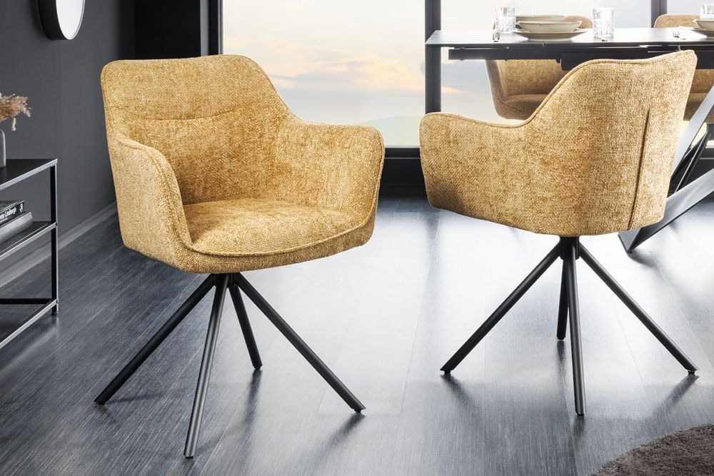 Drehbarer Stuhl VERONA senfgelb Strukturstoff mit Armlehne Metallbeine schwarz
