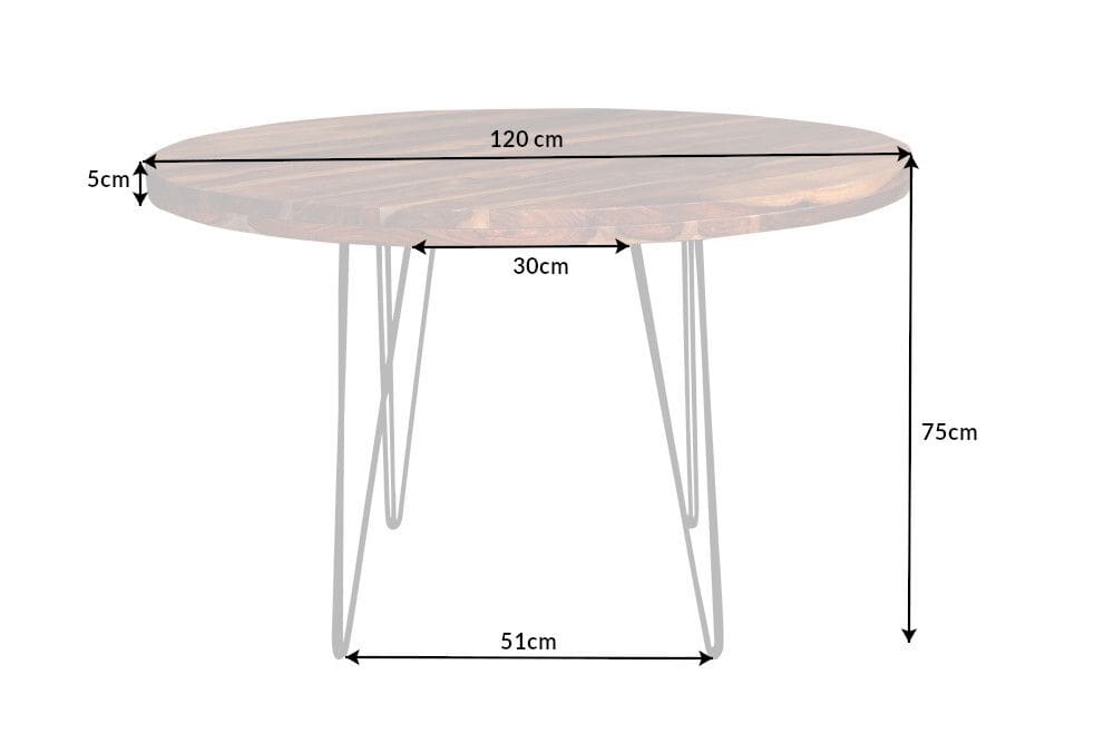 Runder Esstisch MAKASSAR 120cm braun Sheesham Massivholz stone finish Hairpin Legs