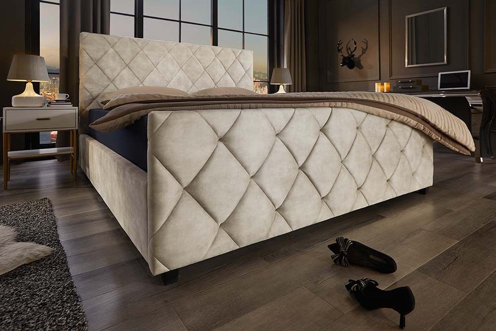 Design Boxbett ELYSIUM 160x200cm champagner beige Samt mit Stauraum und Lattenrost