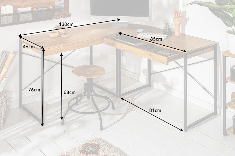 Industrial Eckschreibtisch STUDIO 130cm Eichenoptik mit Schubladen