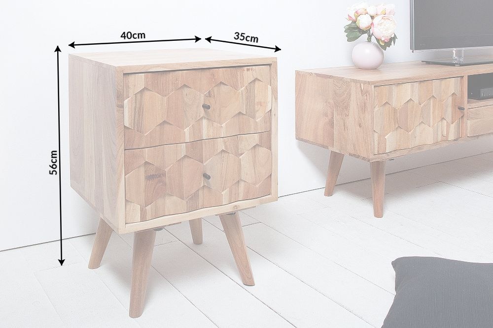 Massivholz Nachttisch MYSTIC LIVING 60cm Akazie natur 3D-Design mit Stauraum