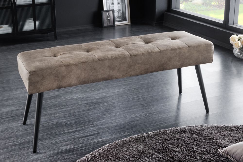 Design Sitzbank BOUTIQUE 100cm antik taupe Microfaser schwarze Metallbeine Polsterbank