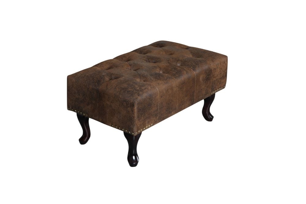 Chesterfield Fußhocker 80cm antik braun mit Knopfheftung und Nietenbesatz
