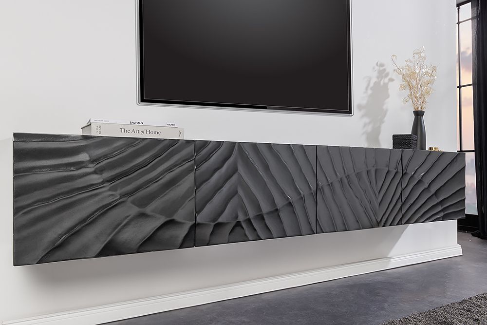 Massives TV-Lowboard SCORPION 200cm schwarz hängend Mangoholz 3D-Design