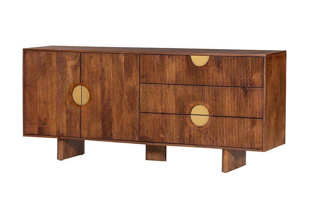 Massives Sideboard MADISON 180cm braun Mangoholz mit Schubladen und strukturierter Front