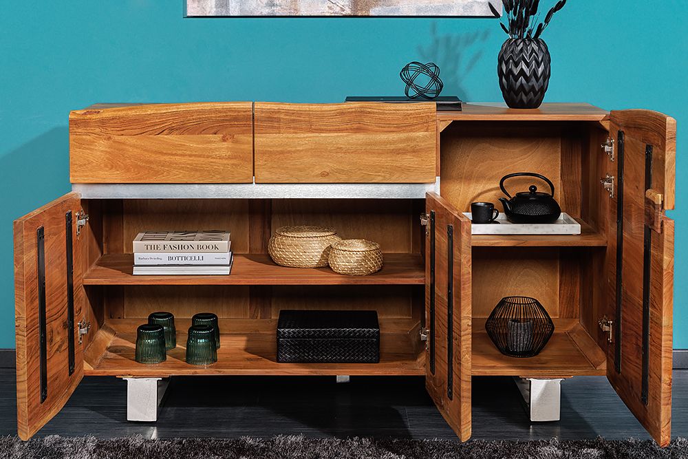 Massivholz Sideboard MAMMUT 135cm Akazie Kommode mit Schubladen Baumkante Edelstahl