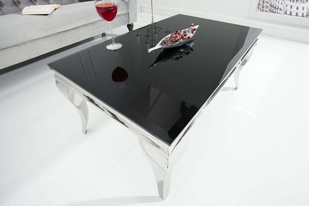 Eleganter Couchtisch MODERN BAROCK 100cm silber mit schwarzem Opalglas