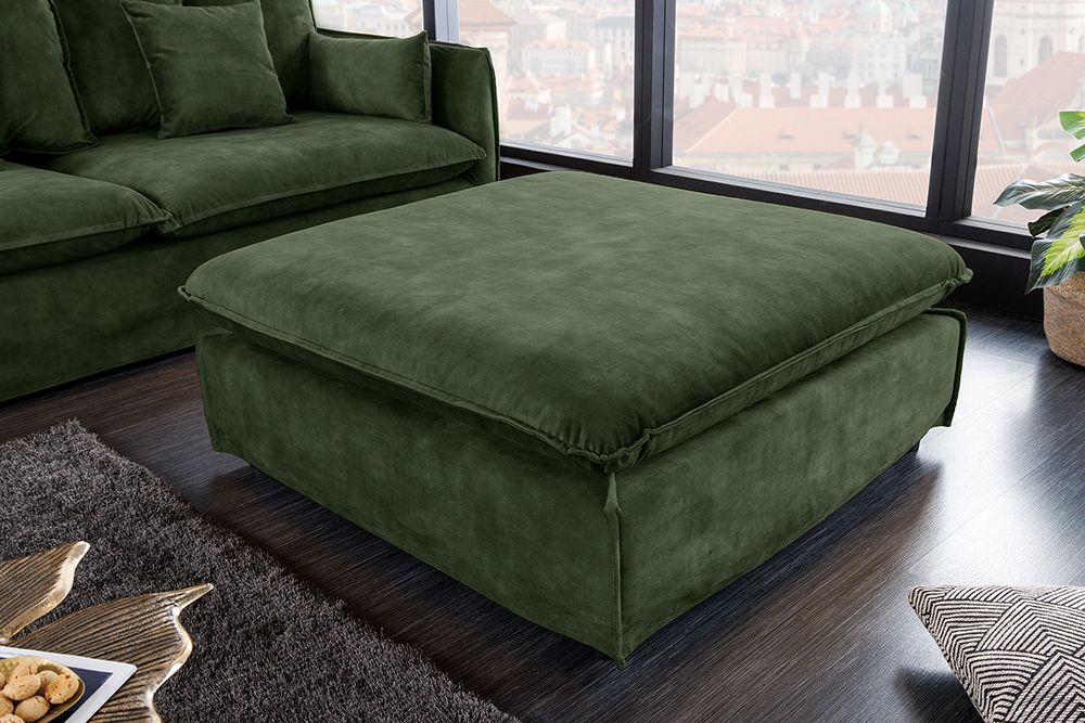 Großer Hussenhocker HEAVEN 100cm dunkelgrün Samt Landhausstil Sofahocker waschbarer Bezug