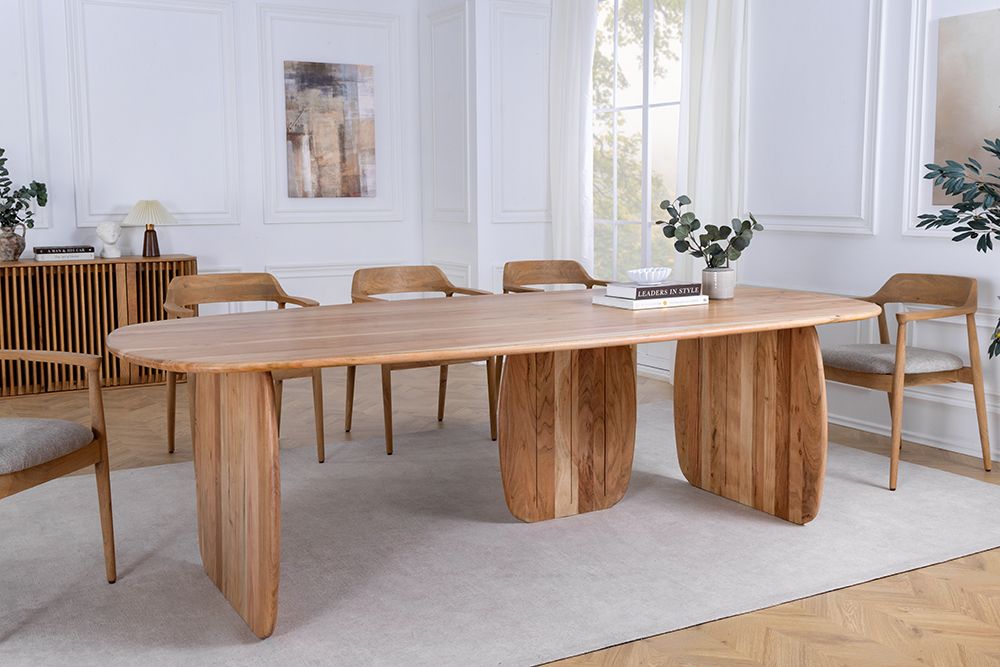 Design Esstisch SCULPTURA 240cm natur Akazie Massivholz mit skulpturalem Wangenfuß