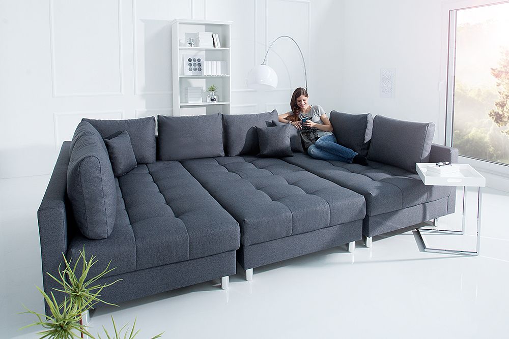 Moderne XXL Wohnlandschaft KENT 305cm anthrazit Federkern Bigsofa inkl. Hocker
