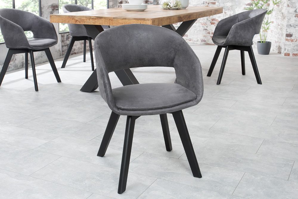Design Stuhl NORDIC STAR antik grau Microfaser Massivholz schwarz mit Armlehne gepolstert