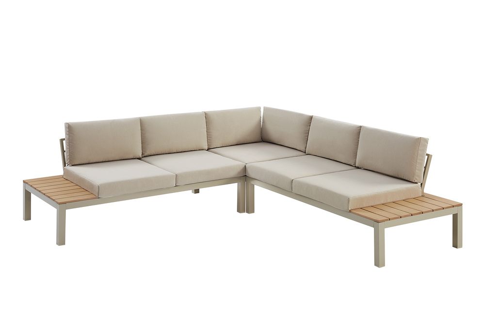 Große Garten Sitzgruppe MIAMI LOUNGE 240cm champagner greige Aluminium wetterfest Outdoor inkl. Kissen