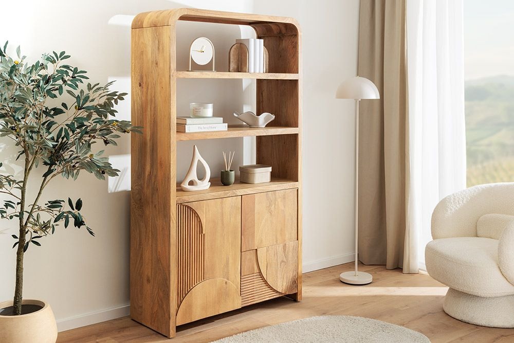 Massives Regal ART DECO 175cm cream finish beige Mangoholz abgerundet mit 3D-Front