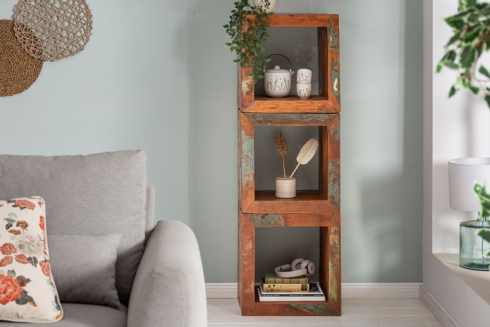 Massiver Beistelltisch JAKARTA 45cm bunt Cube aus recyceltem Holz Regal
