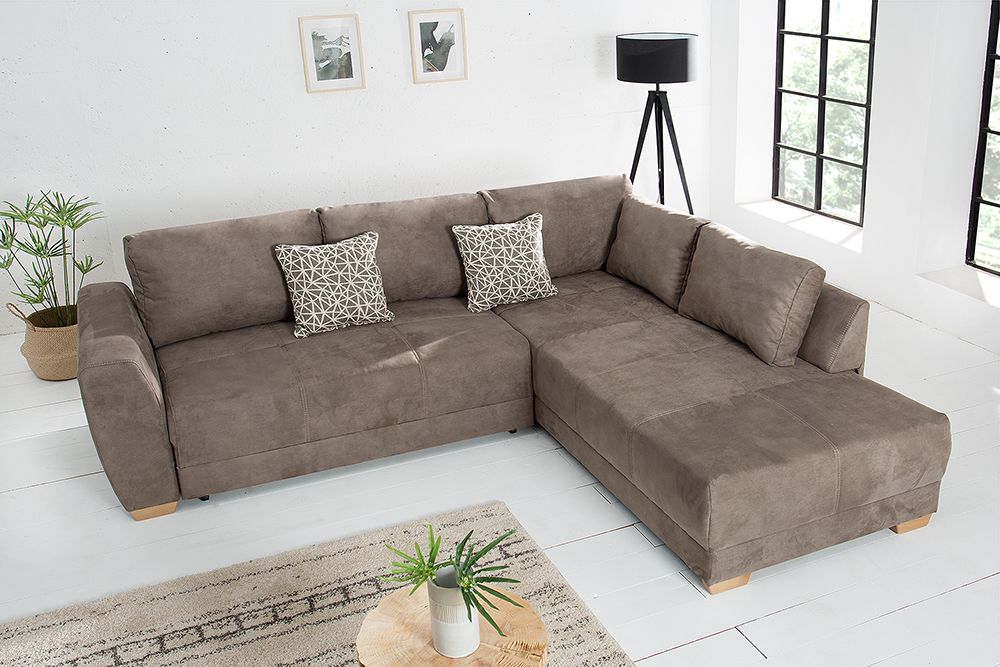 Modernes Ecksofa NORWAY 250cm taupe Microfaser Schlafsofa mit Bettkasten Federkern