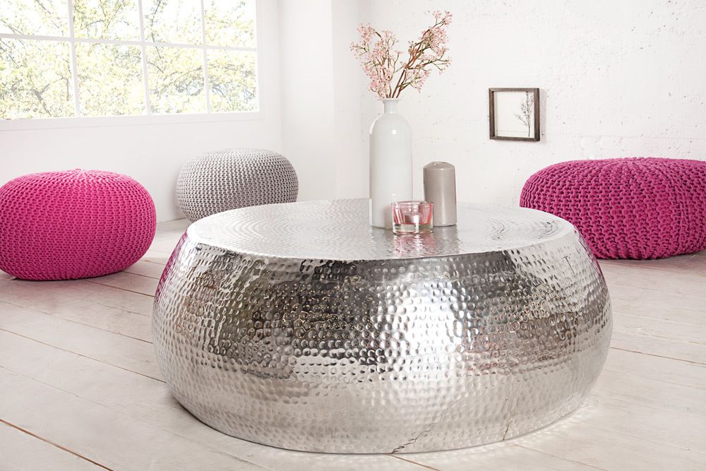Runder Couchtisch ORIENT 80cm silber Metall Aluminium Hammerschlag Design handmade