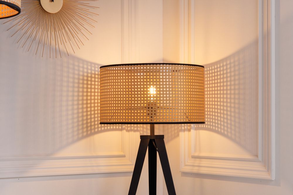 Boho Stehlampe VIENNA 142cm natur schwarz Wiener Geflecht Metall Dreifuß Stehleuchte