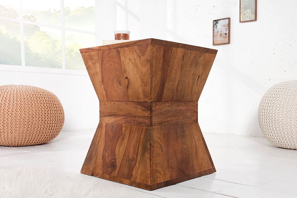 Massiver Beistelltisch PYRAMID 35cm braun Sheeshamholz stone finish Maserung Hocker