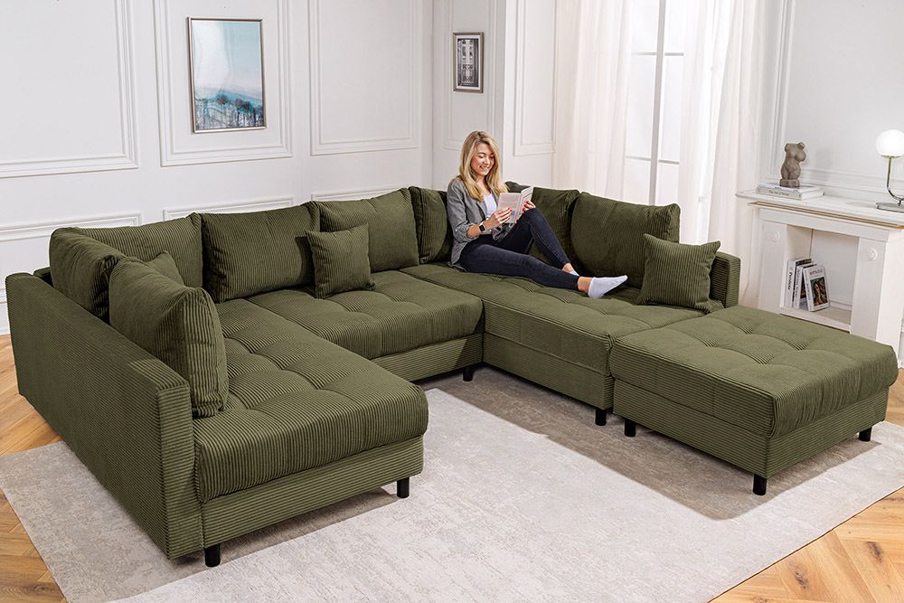 Moderne XXL Wohnlandschaft KENT 305cm grün Cord Bigsofa inkl. Hocker Federkern