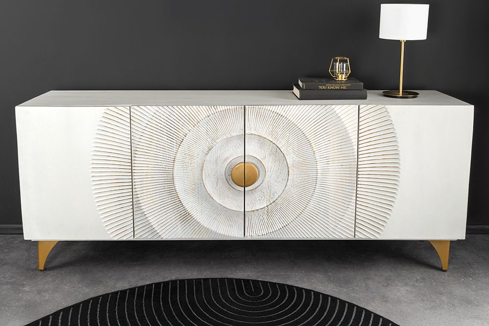 Handgearbeitetes Sideboard GOLDEN SUNSET 180cm weiß gold Mangoholz Metallbeine