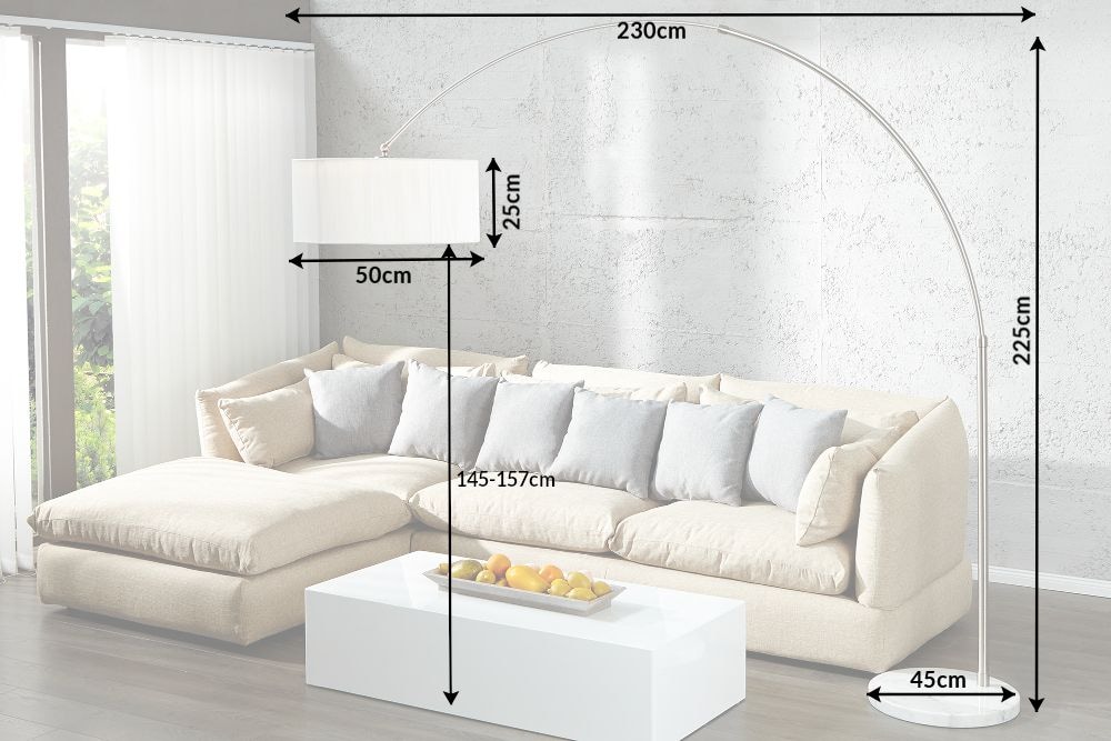 Design Bogenlampe EXTENSO 230cm weiß Stehlampe mit weißem Marmorfuß