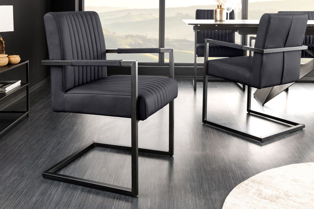 Moderner Freischwinger Stuhl BIG ASTON Echtleder schwarz Taschenfederkern Metall