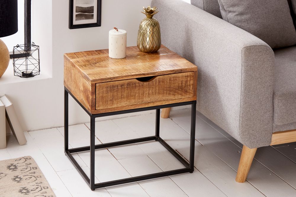 Industrial Nachttisch IRON CRAFT 45cm Mangoholz mit Schublade Beistelltisch