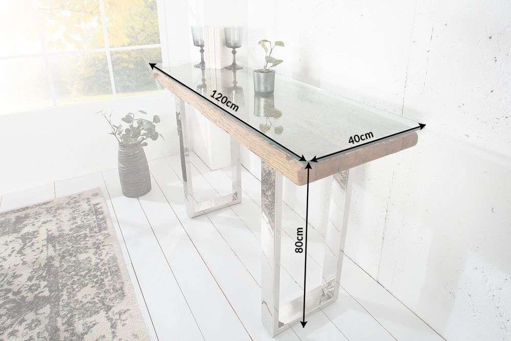 Massive Konsole BARRACUDA 120cm Teak mit Stahl Kufenfüßen inkl. Glasplatte