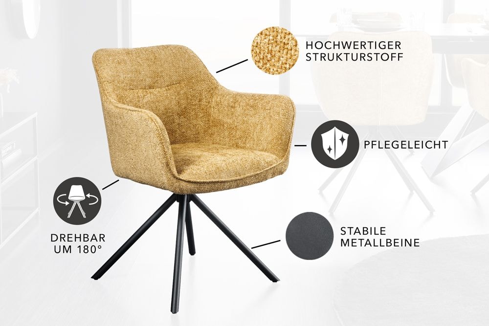Drehbarer Stuhl VERONA senfgelb Strukturstoff mit Armlehne Metallbeine schwarz