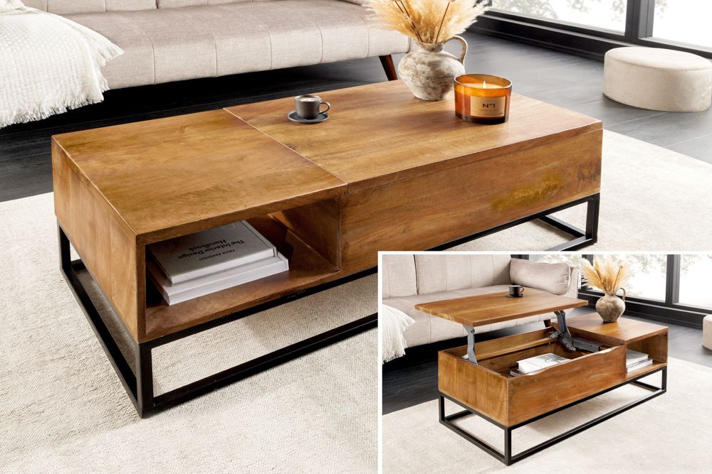 Höhenverstellbarer Couchtisch MAKASSAR FUNCTION 110cm braun Mangoholz honey finish