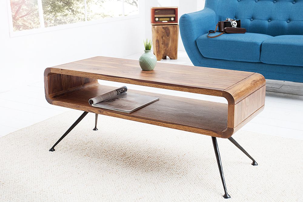 Retro Couchtisch ALPHA 100cm braun Sheesham Massivholz stone finish schwarze Metallbeine