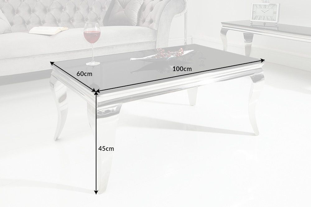 Eleganter Couchtisch MODERN BAROCK 100cm silber mit schwarzem Opalglas