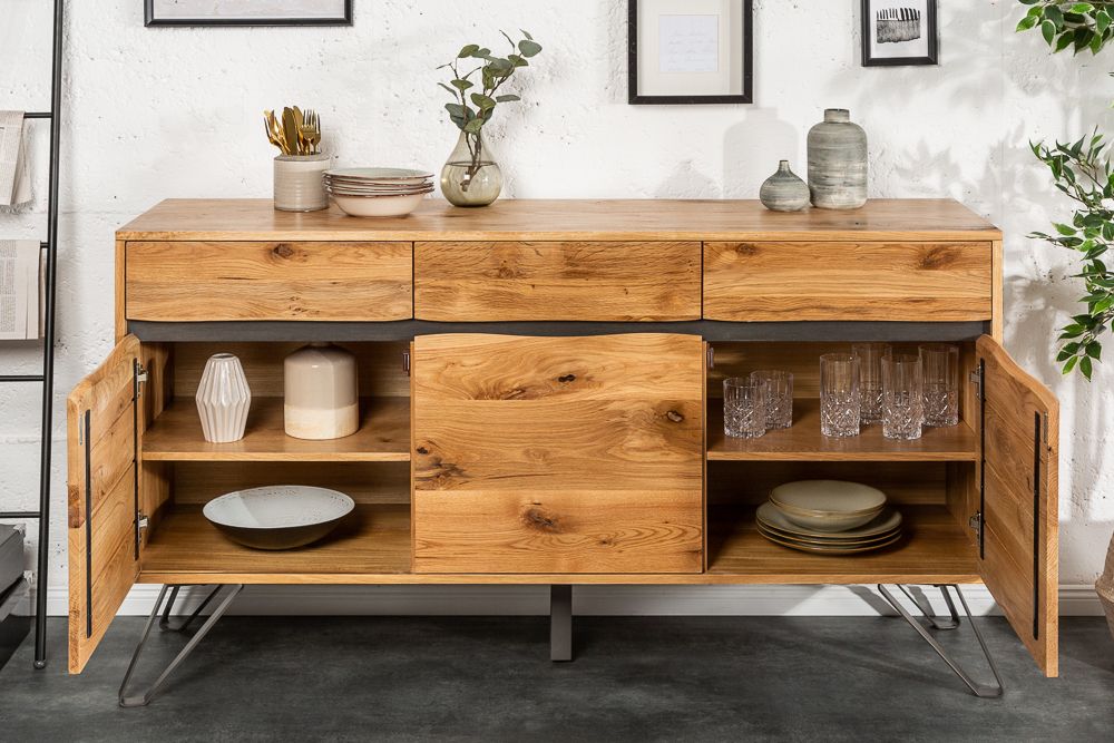 Massivholz Sideboard LIVING EDGE 160cm Wildeiche Metall schwarz Baumkante mit Schubladen