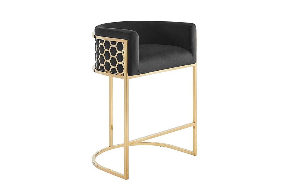 Stilvoller Barhocker ELEGANCE schwarz Samt gold Edelstahl mit Armlehne und Fußablage