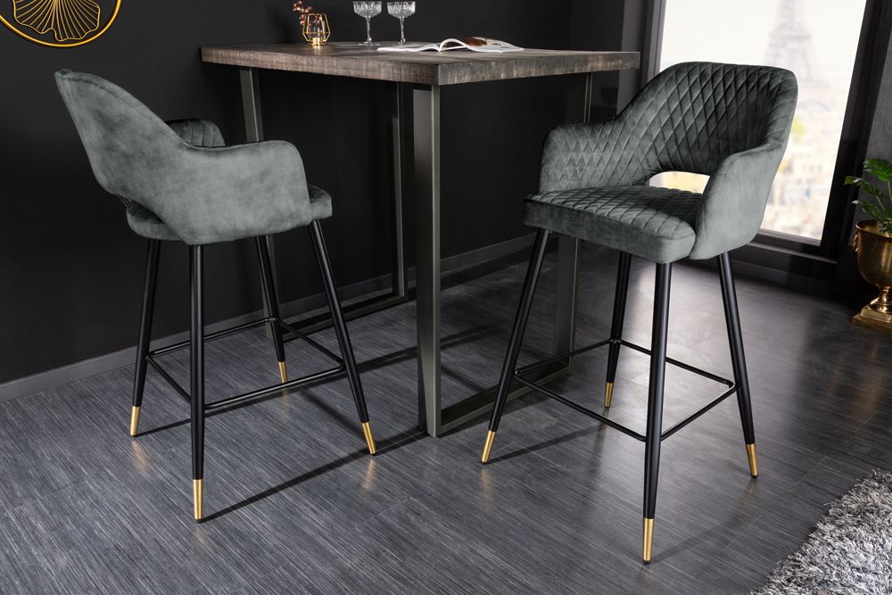 Design Barhocker PARIS grün Samt mit Lehne Metall schwarz gold Ziersteppung