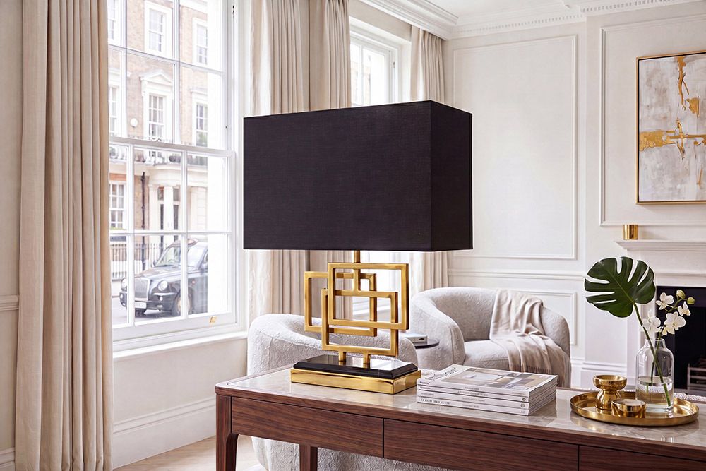 Moderne Tischleuchte ATLANTIS 56cm gold Stoffschirm schwarz Marmor Lampe