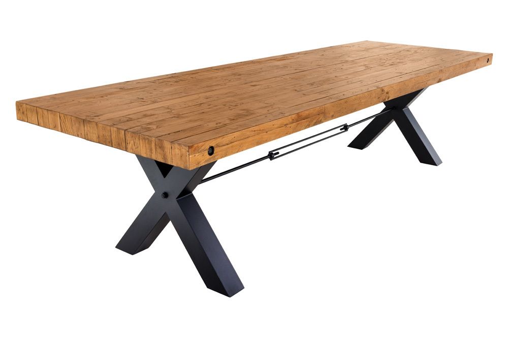 Massivholz Esstisch THOR 300cm vintage braun Pinie recycelt Industrial Design Eisen X-Gestell
