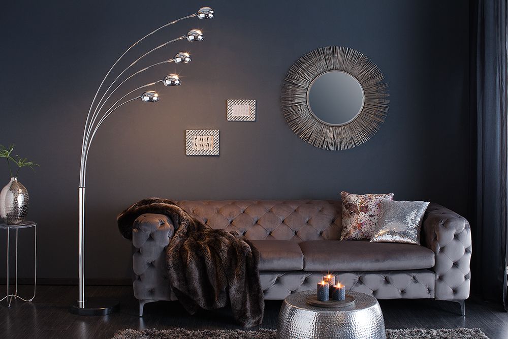 Design Bogenlampe FIVE LIGHTS 205cm chrom Stehlampe mit schwarzem Marmorfuß