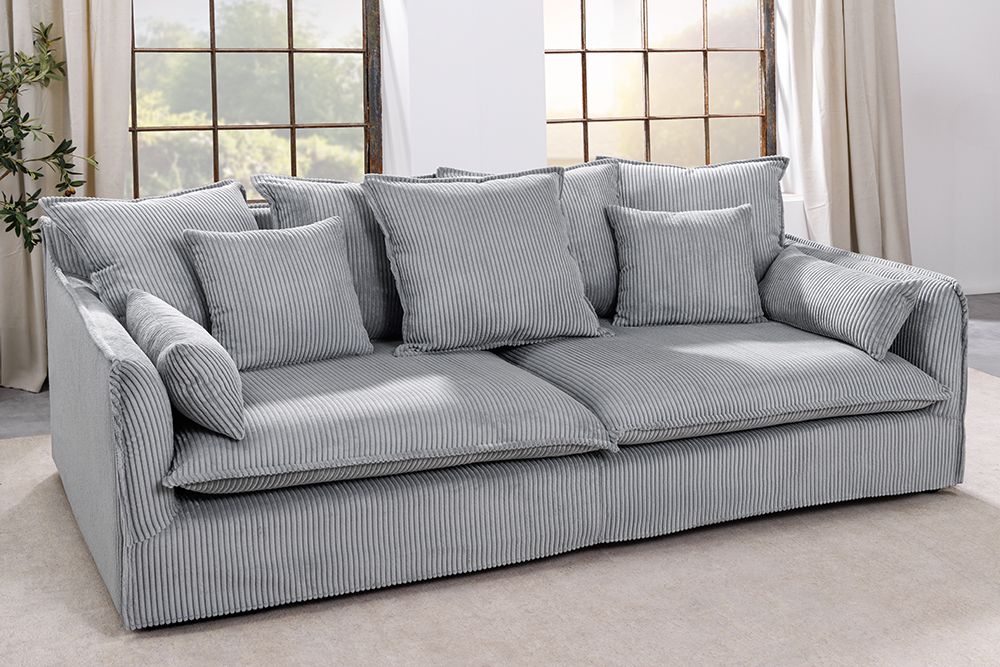 Großes 3-Sitzer Sofa HEAVEN 200cm hellgrau Cord Federkern Hussensofa abnehmbarer Bezug