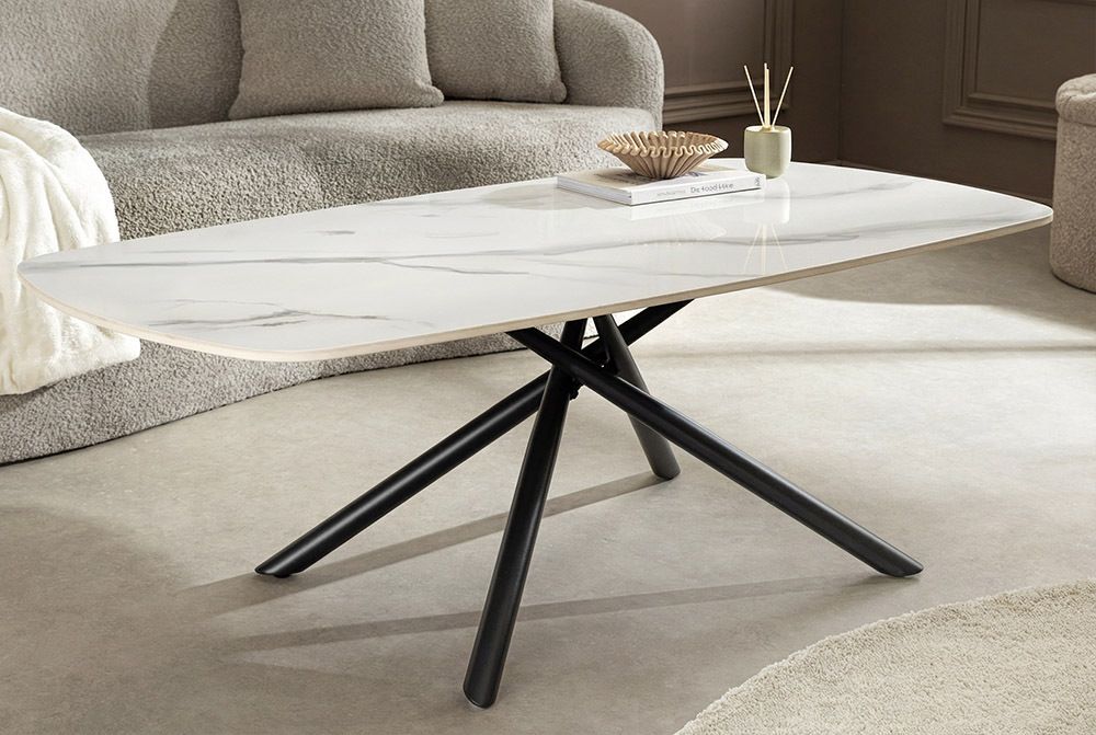 Design Couchtisch OSAKA 110cm weiß Keramik schwarz Sterngestell Metall