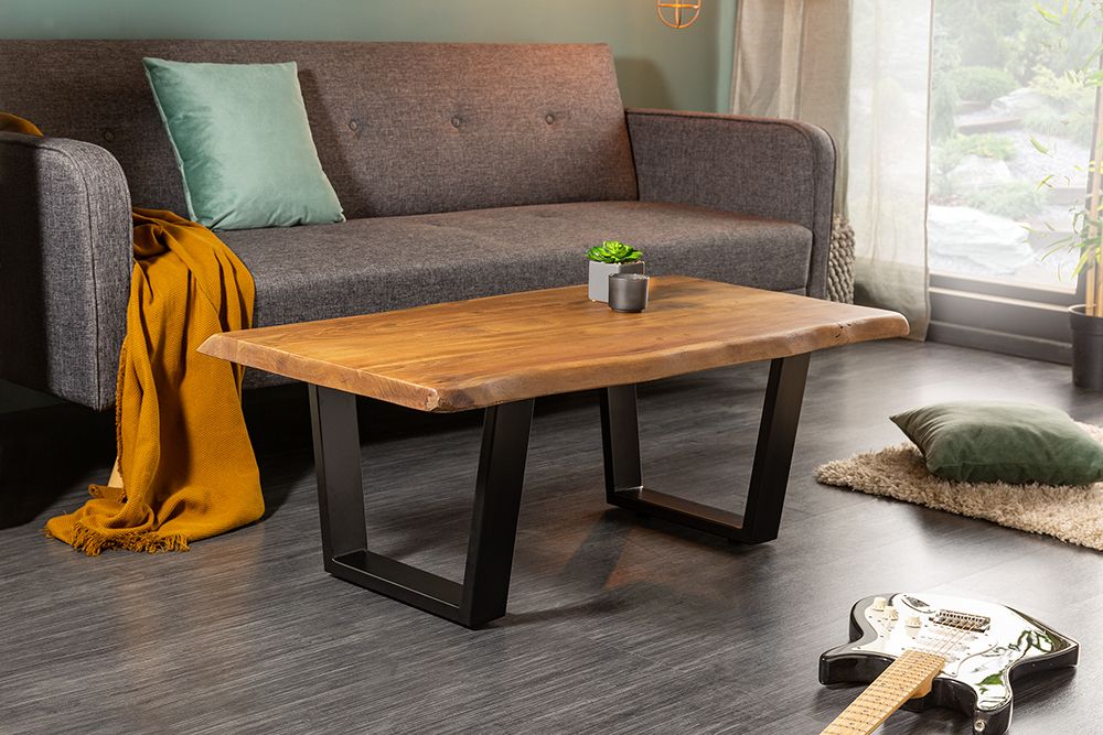 Massivholz Baumstamm Couchtisch MAMMUT 110cm Akazie schwarzes Metallgestell 3,5cm Tischplatte