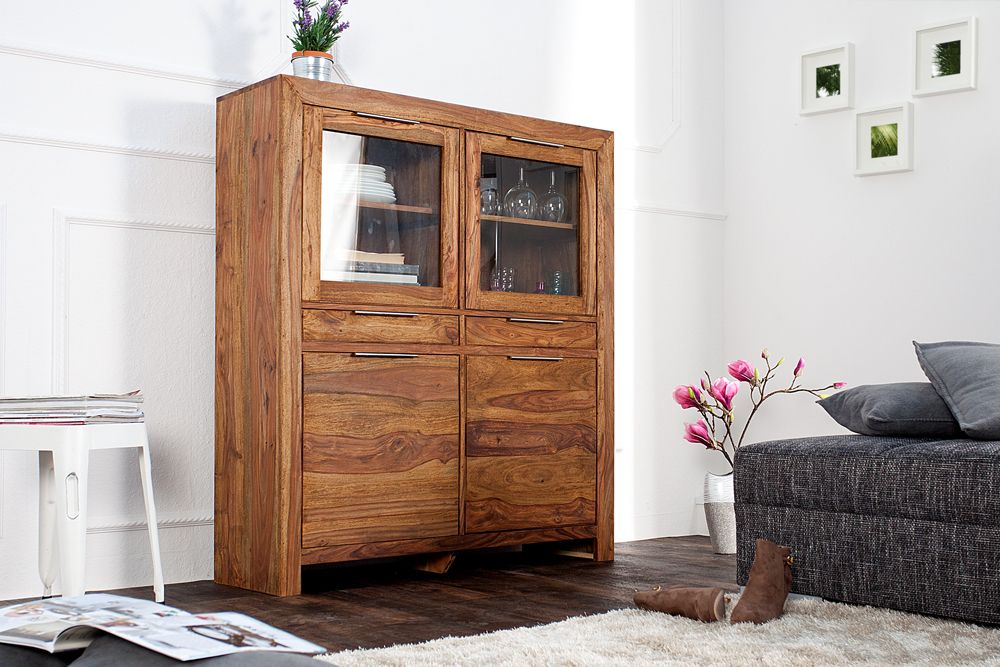 Massives Highboard PURE 140cm braun Sheesham stone finish Vitrine Palisander